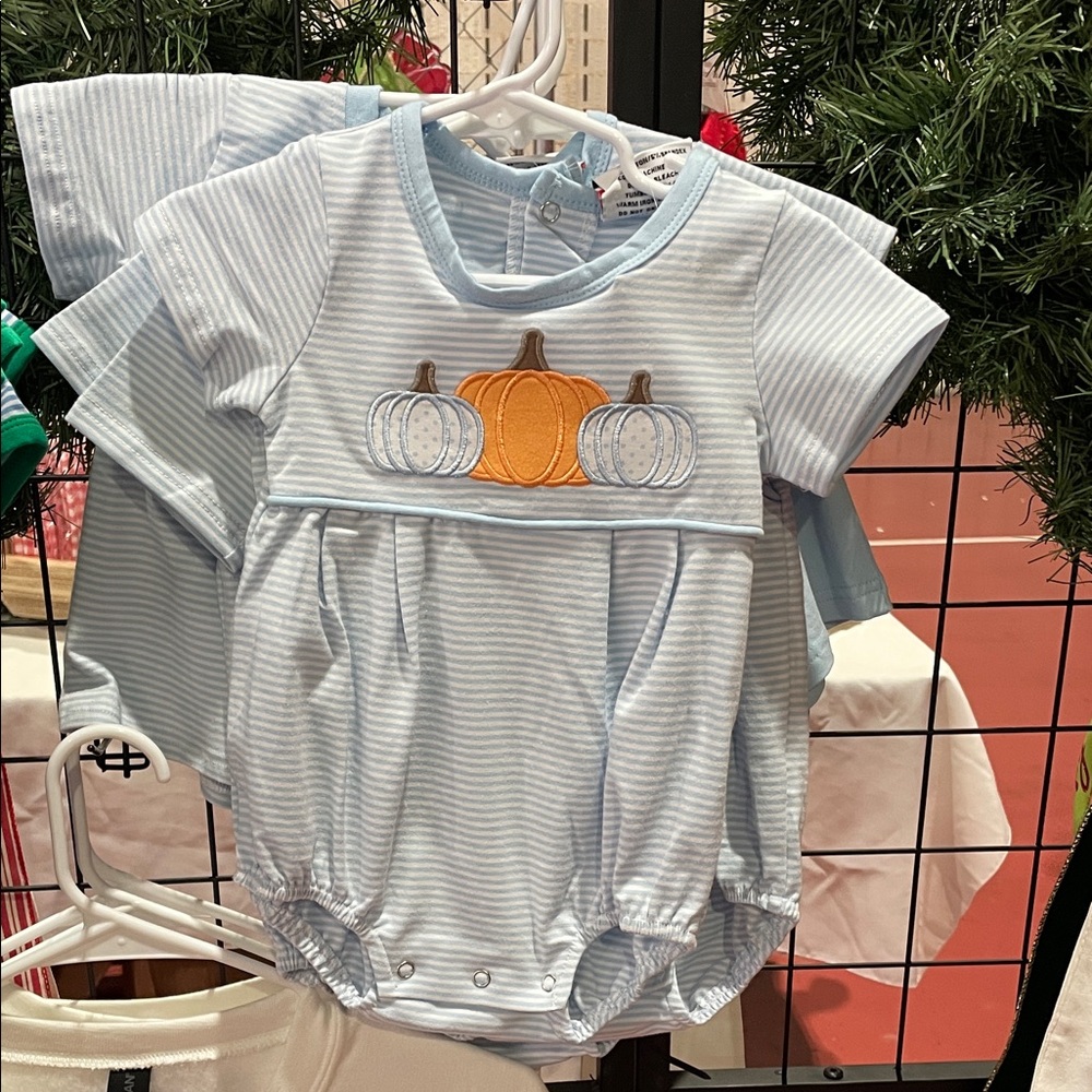 Striped Blue Pumpkin Embroidered Baby Romper